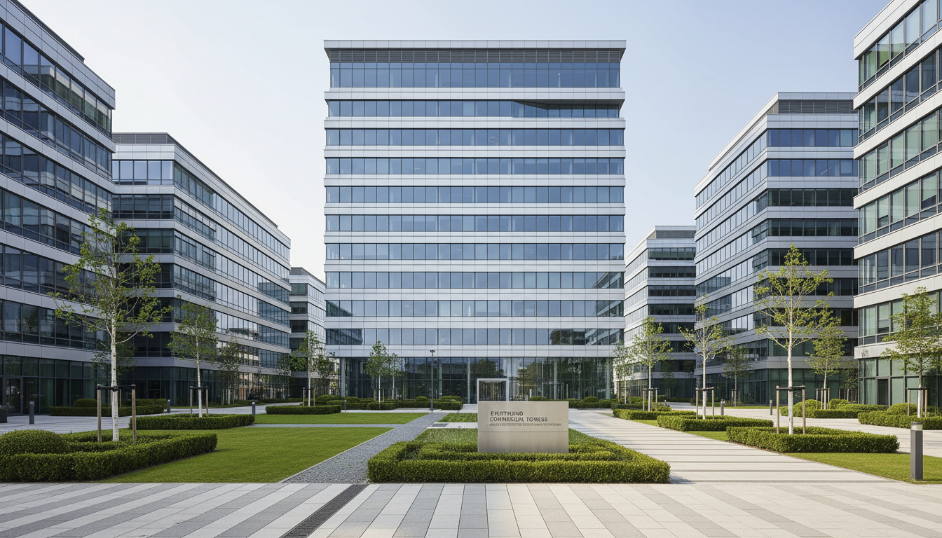 A sleek, contemporary office building rendered in polished glass and steel, characterized by clean lines and neutral gray tones. The structure stands prominently in a well-maintained urban commercial district of Dortmund, surrounded by meticulous landscaping and low sculpted hedges. The scene is illuminated by soft midday natural light, creating subtle reflections on the building’s facade and gentle, crisp shadows on the pavement. The composition is shot from an eye-level perspective with balanced framing and a sharp focus throughout, exuding a professional, orderly atmosphere. The style is photographic realism with a corporate, modern aesthetic, underlining the trustworthiness and professionalism expected of leading real estate developers in the city.